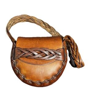 Vintage Handcrafted Brown Leather Braided Saddle Style Shoulder Bag Boho Western
